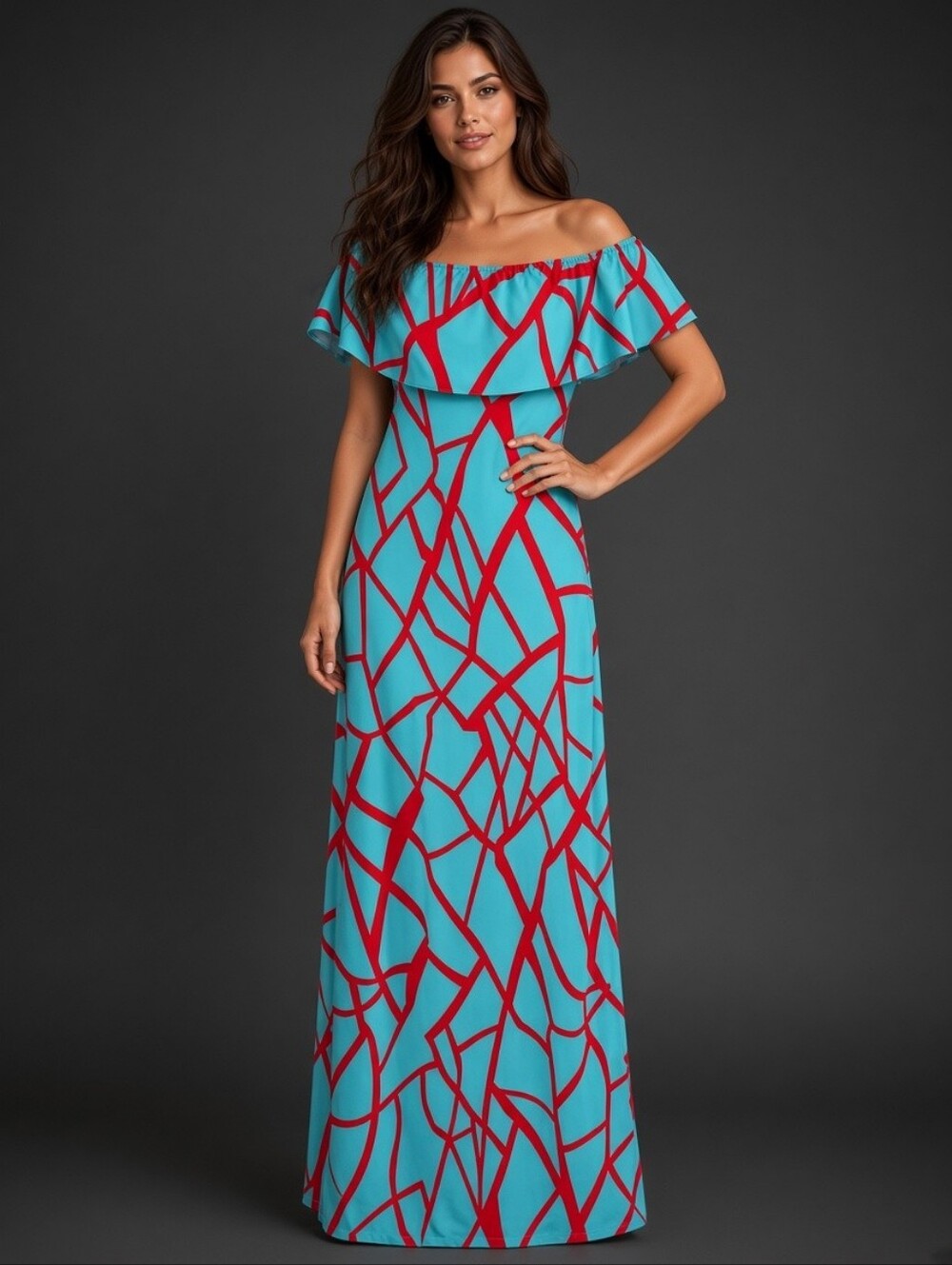 Off-Shoulder Aqua and Red Patterned Maxi Dress